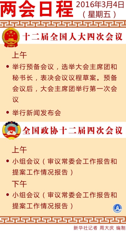 圖表：3月4日兩會(huì)日程 新華社記者 周大慶 編制